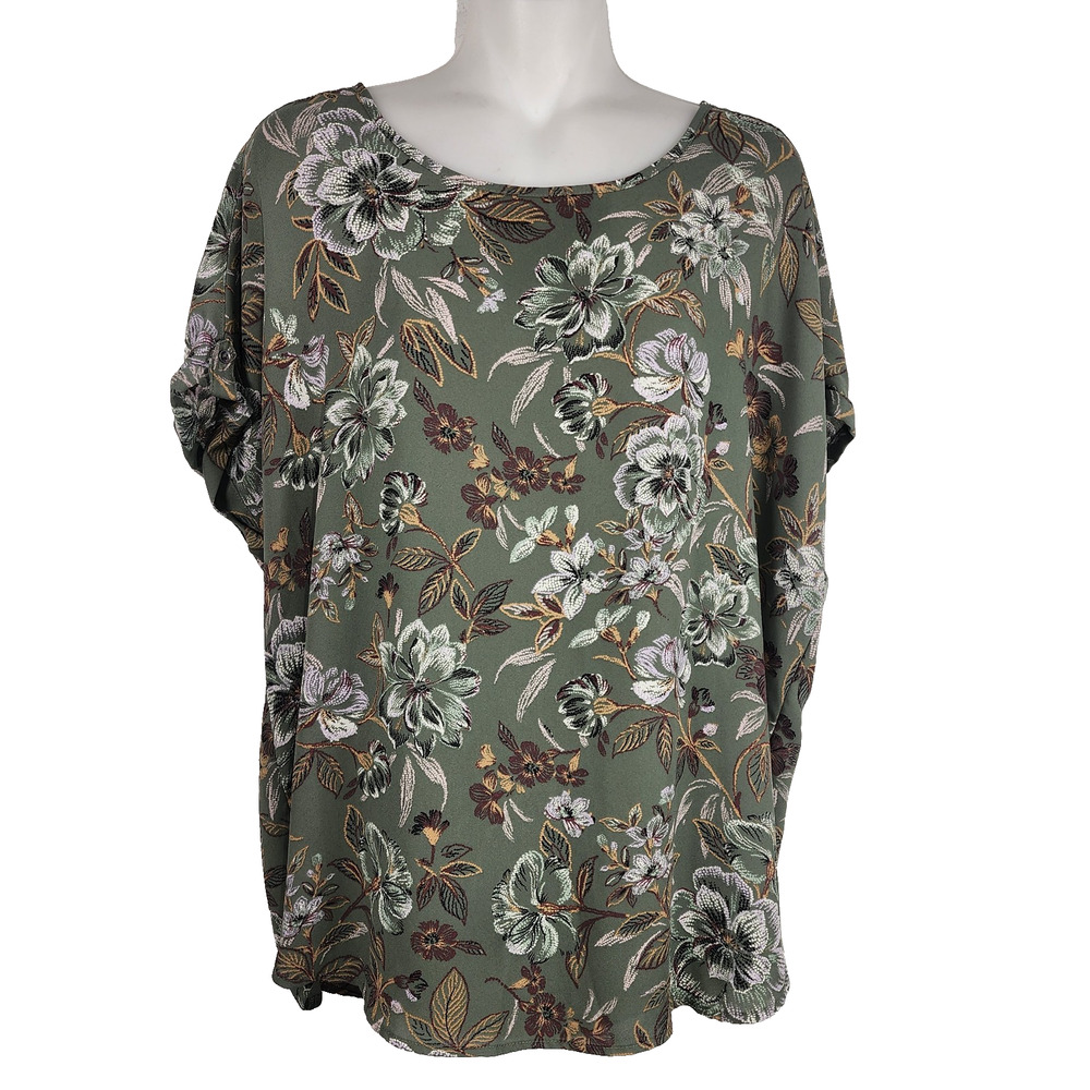 Maurices Womens Blouse Floral Tab Short Sleeve Large Zipper Preppy Cottage Green